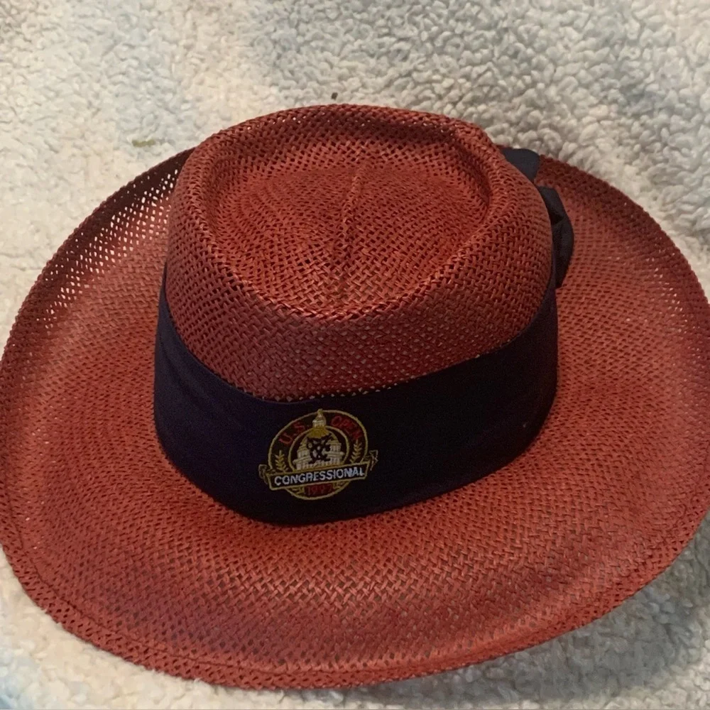 Vtg Golf Us Open 1997 Congressional Hat Womens Straw Woven Shade Wide Brim Hat